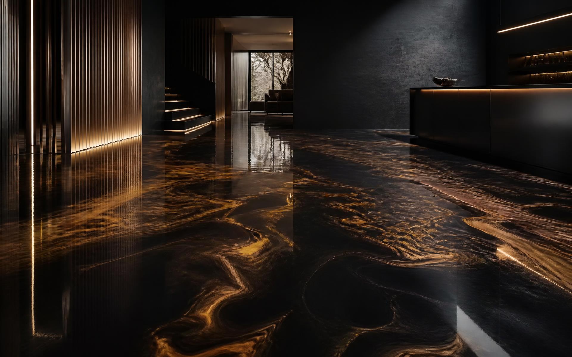 Black and gold metallic epoxy resin floor in a dark luxury interior